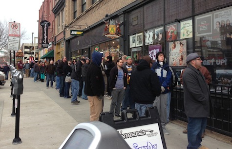 The line outside of Homer's yesterday prior to the 10 a.m. opening time. Photo by John Shartrand.