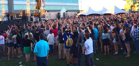 The crowd with hands in the air, as directed by Vince Staples during Saturday's Maha Music Festival. 