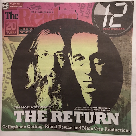 The cover of this week's issue of The Reader featuring a profile on Ritual Device, Cellophane Ceiling and Main Vein Productions.